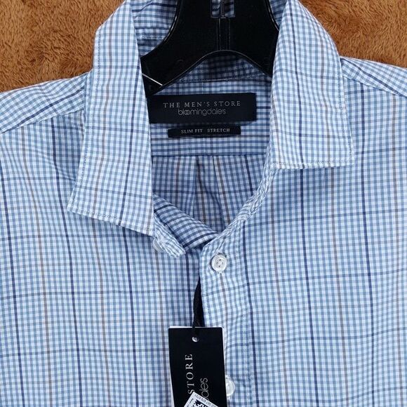 BLOOMINGDALES Shirt Mens Small Blue Tan Grid Check Button Up Slim Fit Stretch - Picture 1 of 7